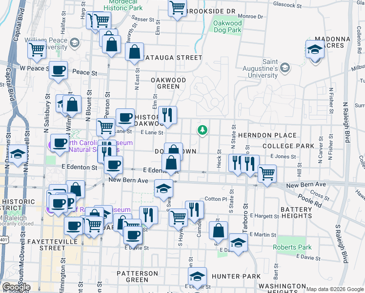 map of restaurants, bars, coffee shops, grocery stores, and more near in Raleigh