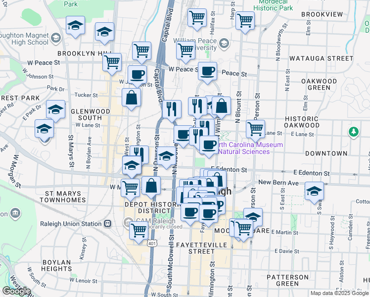 map of restaurants, bars, coffee shops, grocery stores, and more near in Raleigh