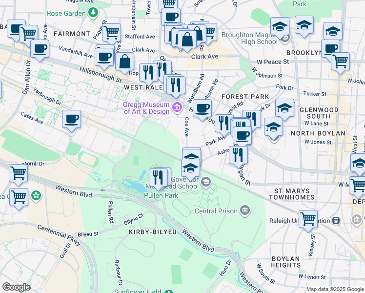 map of restaurants, bars, coffee shops, grocery stores, and more near 218 Cox Avenue in Raleigh