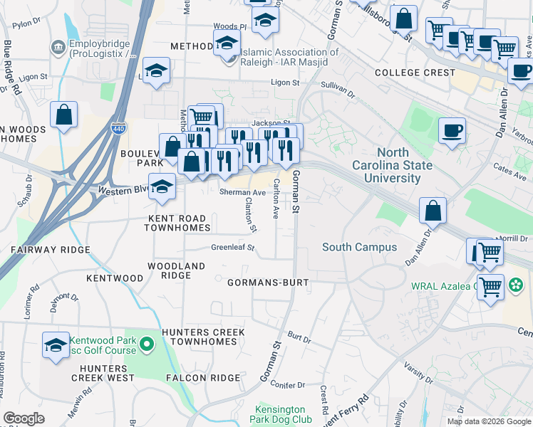 map of restaurants, bars, coffee shops, grocery stores, and more near 1123 Carlton Avenue in Raleigh