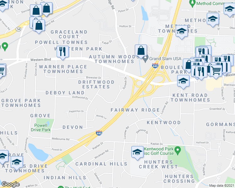 map of restaurants, bars, coffee shops, grocery stores, and more near 1126 Schaub Drive in Raleigh