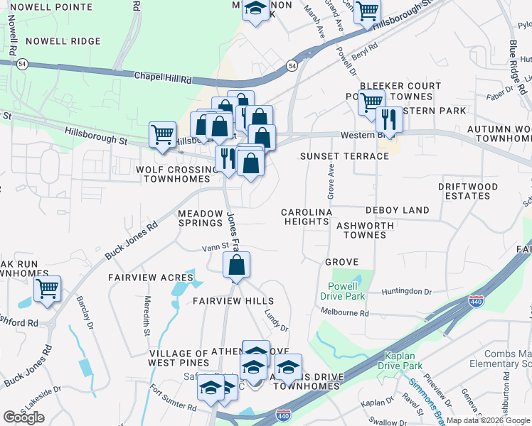 map of restaurants, bars, coffee shops, grocery stores, and more near 4816 Blue Bird Court in Raleigh