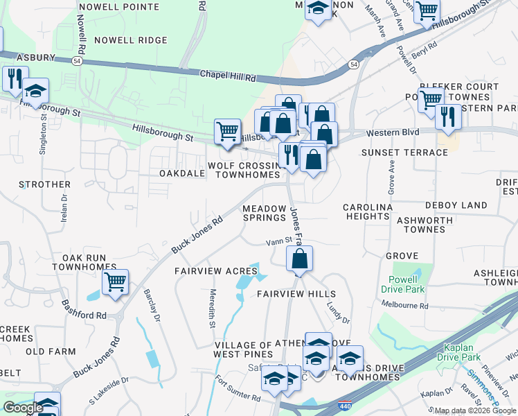 map of restaurants, bars, coffee shops, grocery stores, and more near 117 Fieldspring Lane in Raleigh