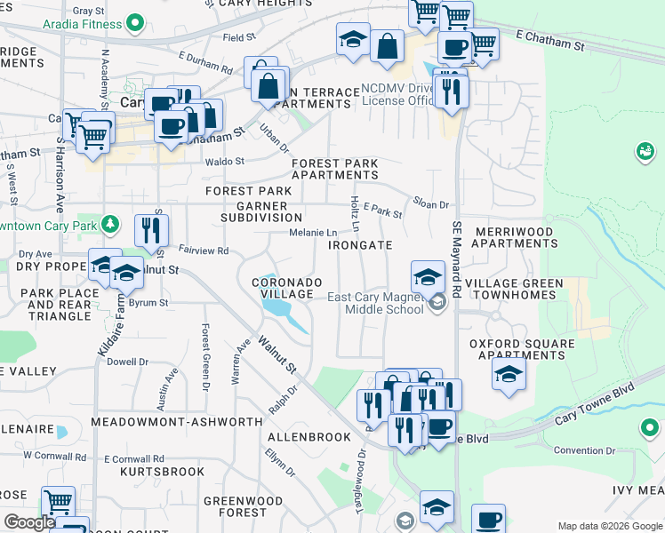 map of restaurants, bars, coffee shops, grocery stores, and more near 111 Mayodan Drive in Cary