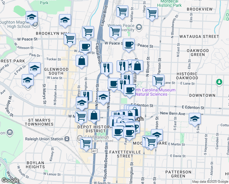 map of restaurants, bars, coffee shops, grocery stores, and more near 121 West Jones Street in Raleigh