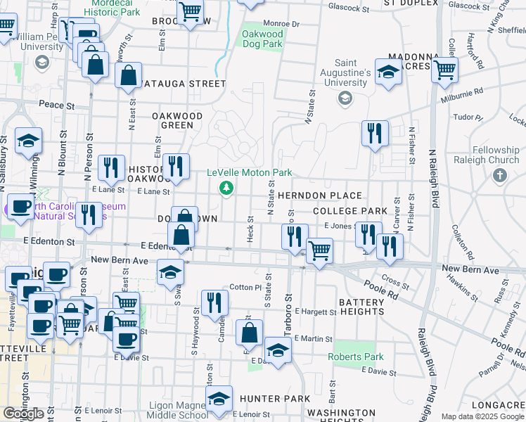 map of restaurants, bars, coffee shops, grocery stores, and more near 209 N State St in Raleigh