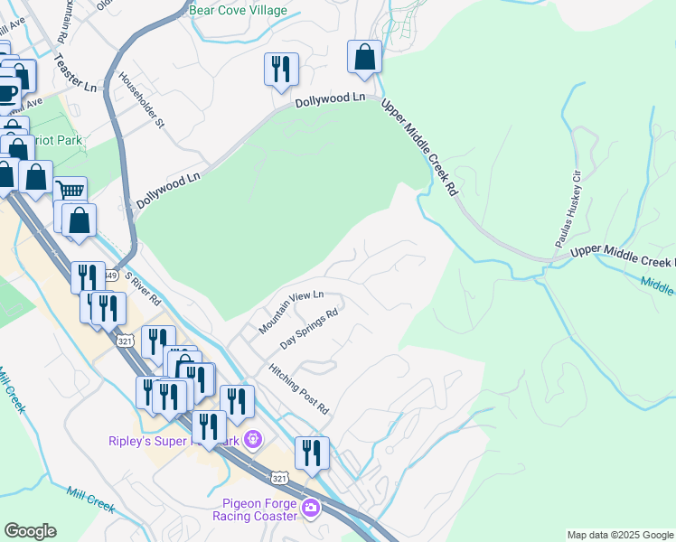 map of restaurants, bars, coffee shops, grocery stores, and more near 512 Golf Rd in Pigeon Forge