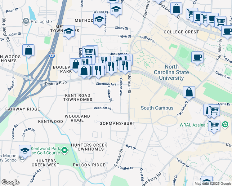 map of restaurants, bars, coffee shops, grocery stores, and more near 1110 Carlton Avenue in Raleigh
