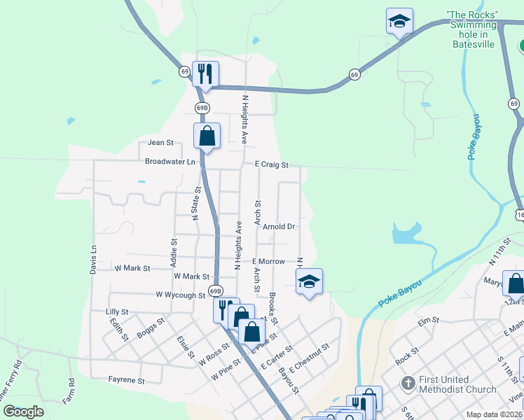 map of restaurants, bars, coffee shops, grocery stores, and more near 1720 Arch Street in Batesville