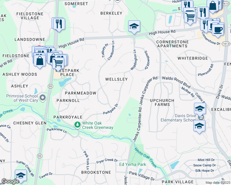 map of restaurants, bars, coffee shops, grocery stores, and more near 103 Wollston Court in Cary