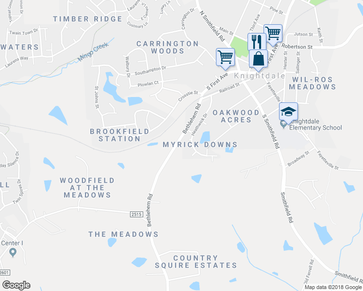 map of restaurants, bars, coffee shops, grocery stores, and more near 407 Bethlehem Road in Knightdale