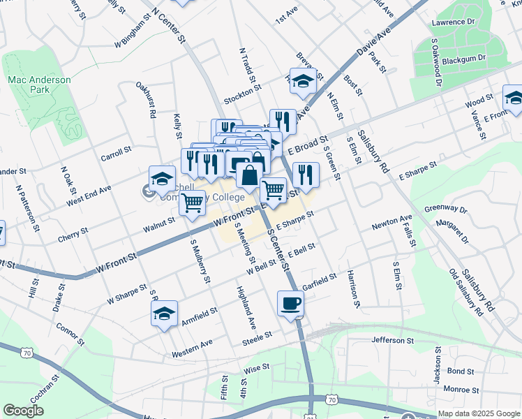 map of restaurants, bars, coffee shops, grocery stores, and more near in Statesville