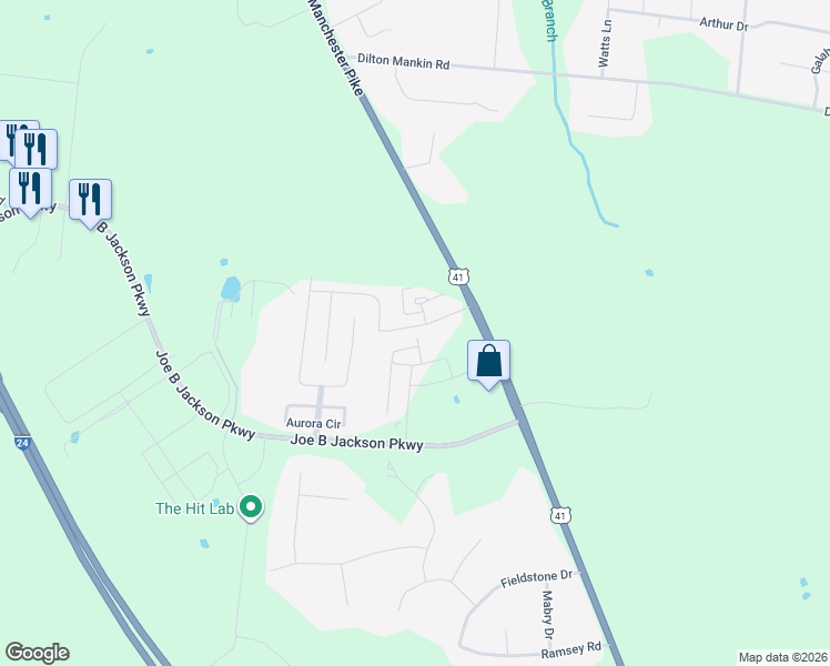 map of restaurants, bars, coffee shops, grocery stores, and more near 1846 Warmingfield Drive in Murfreesboro