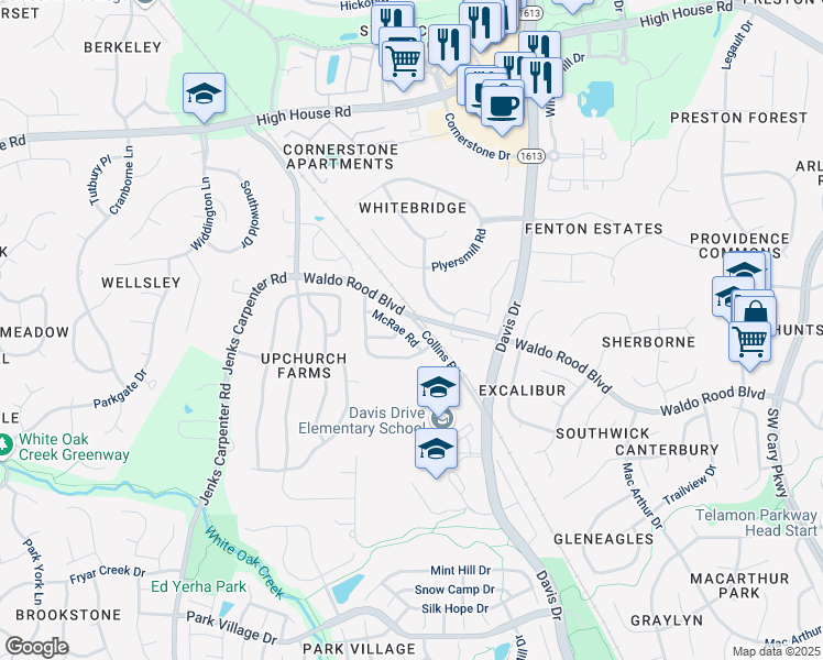 map of restaurants, bars, coffee shops, grocery stores, and more near 745 McRae Road in Cary