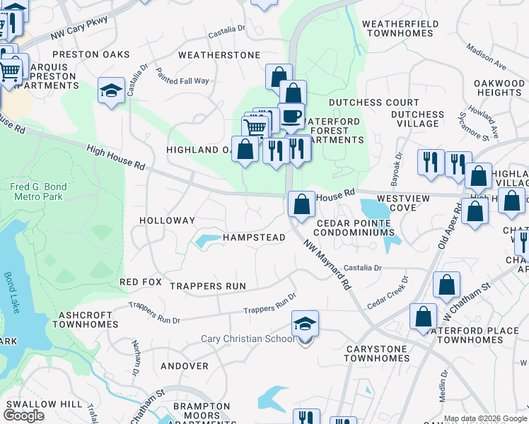 map of restaurants, bars, coffee shops, grocery stores, and more near 100 Haverstock Court in Cary