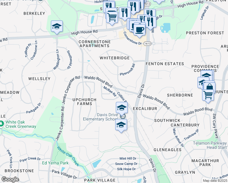 map of restaurants, bars, coffee shops, grocery stores, and more near 745 McRae Road in Cary