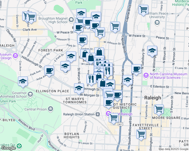 map of restaurants, bars, coffee shops, grocery stores, and more near 617 West Jones Street in Raleigh