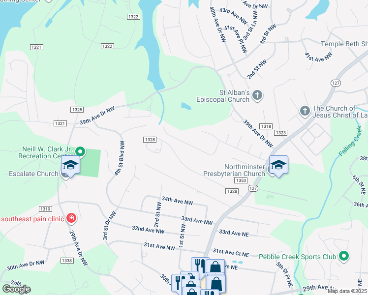 map of restaurants, bars, coffee shops, grocery stores, and more near 173 37th Avenue Place Northwest in Hickory