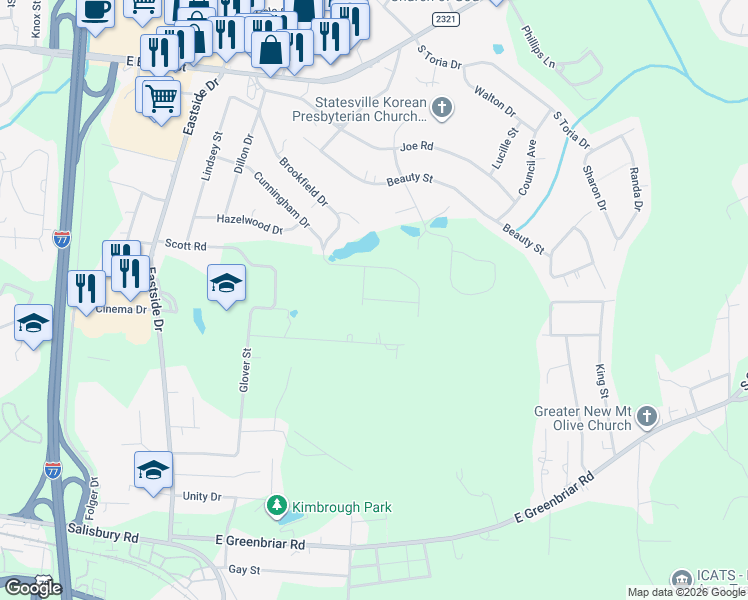 map of restaurants, bars, coffee shops, grocery stores, and more near 396 Lakeridge Drive in Statesville