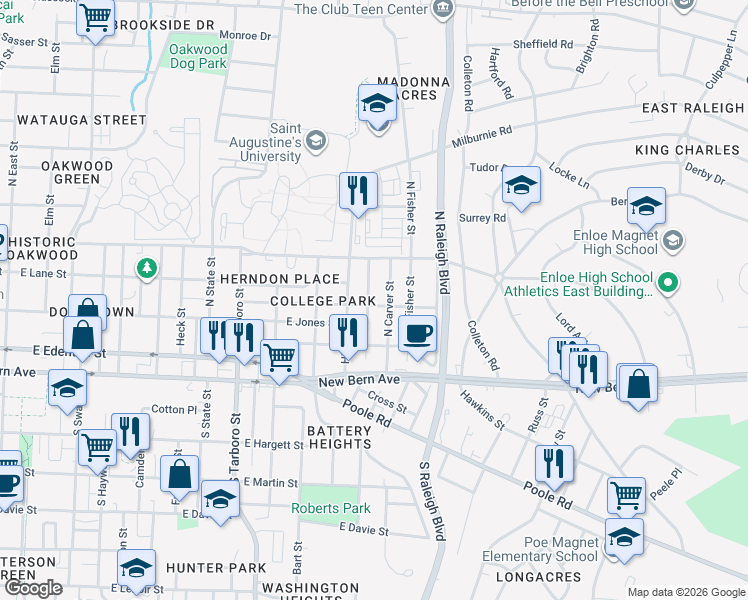 map of restaurants, bars, coffee shops, grocery stores, and more near 1503 Pender Street in Raleigh