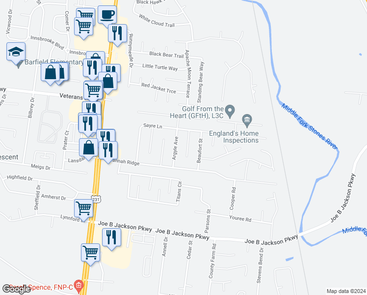 map of restaurants, bars, coffee shops, grocery stores, and more near 3018 Wentworth Court in Murfreesboro