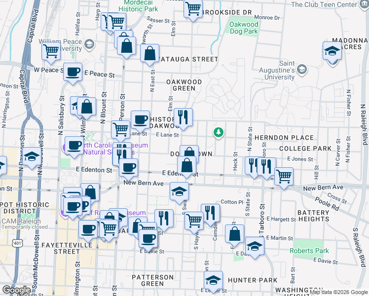 map of restaurants, bars, coffee shops, grocery stores, and more near in Raleigh