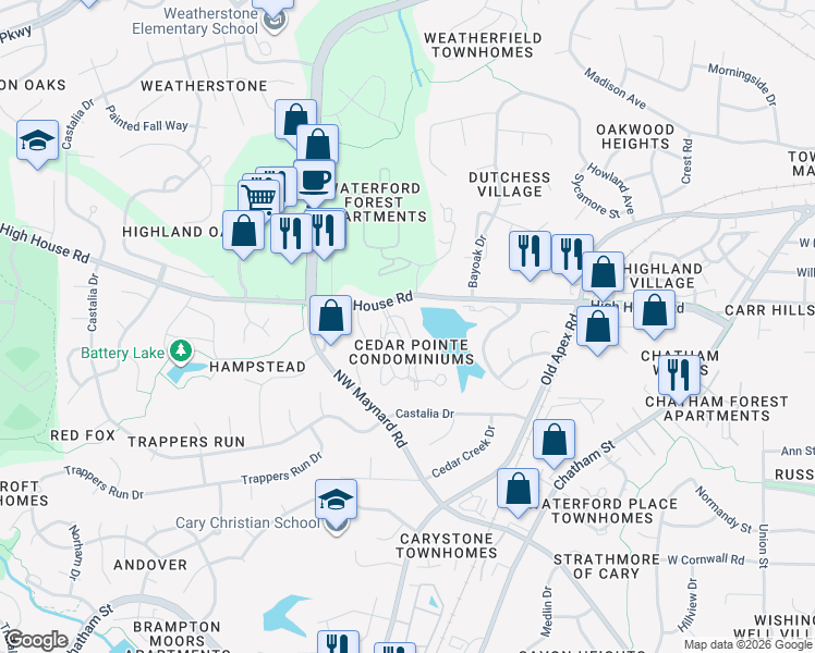 map of restaurants, bars, coffee shops, grocery stores, and more near 530 Springfork Drive in Cary