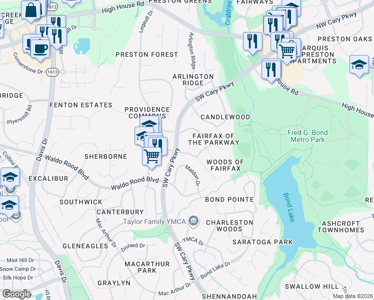 map of restaurants, bars, coffee shops, grocery stores, and more near 107 Huntsmoor Lane in Cary