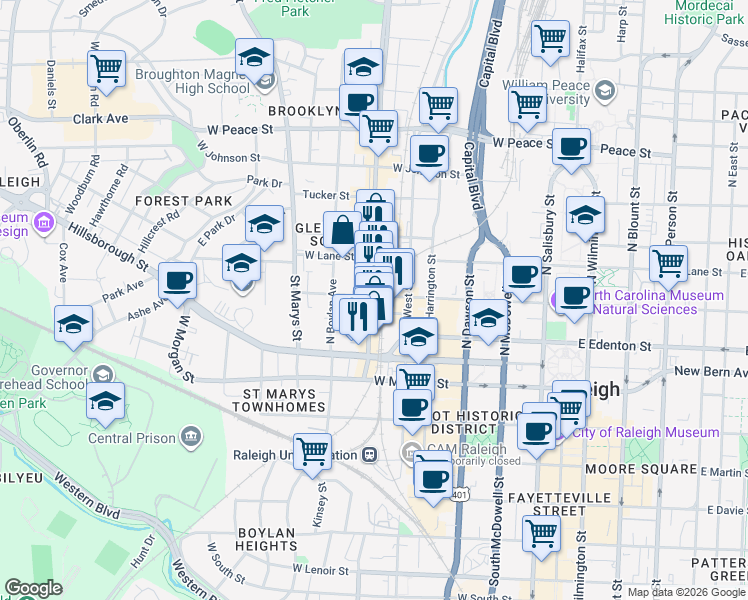 map of restaurants, bars, coffee shops, grocery stores, and more near 543 West Jones Street in Raleigh