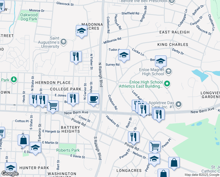 map of restaurants, bars, coffee shops, grocery stores, and more near 208 Colleton Road in Raleigh
