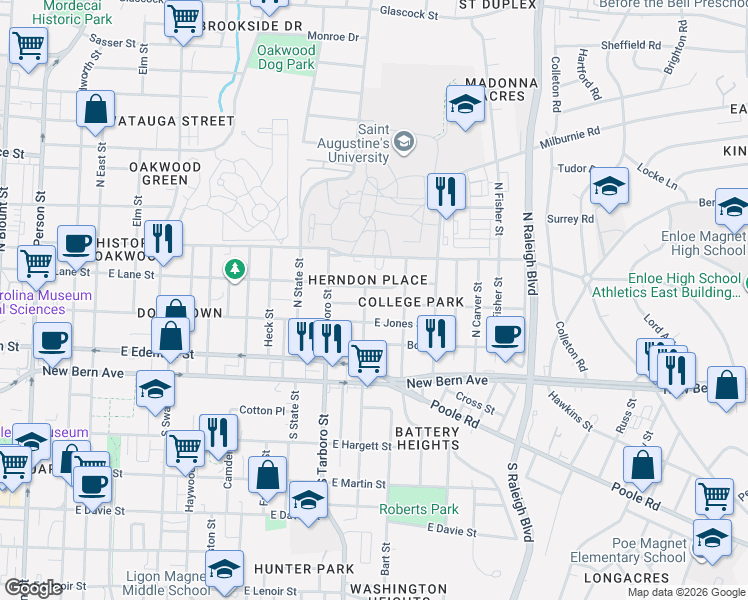 map of restaurants, bars, coffee shops, grocery stores, and more near 1214 Pender Street in Raleigh