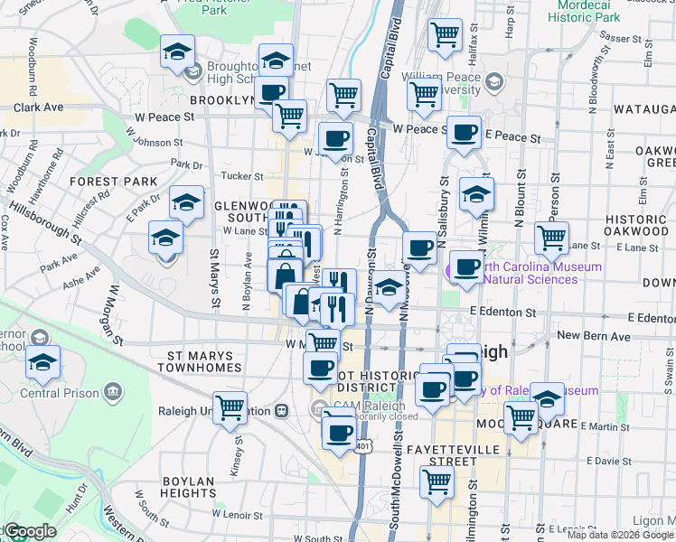 map of restaurants, bars, coffee shops, grocery stores, and more near 125 North Harrington Street in Raleigh