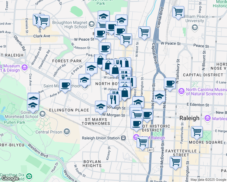 map of restaurants, bars, coffee shops, grocery stores, and more near 115 North Boylan Avenue in Raleigh