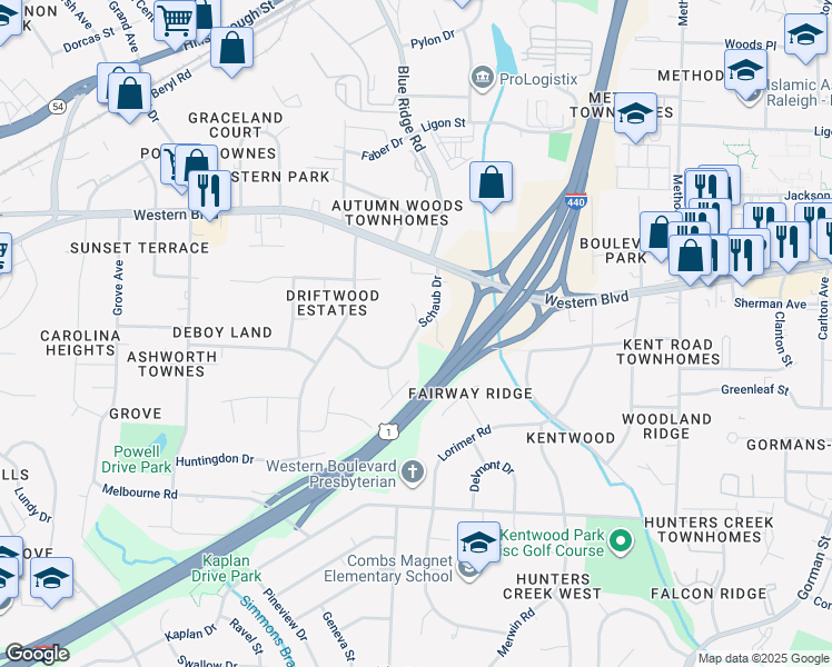map of restaurants, bars, coffee shops, grocery stores, and more near 1025 Schaub Drive in Raleigh