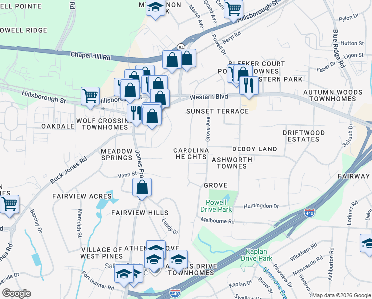 map of restaurants, bars, coffee shops, grocery stores, and more near 719 Carolina Avenue in Raleigh