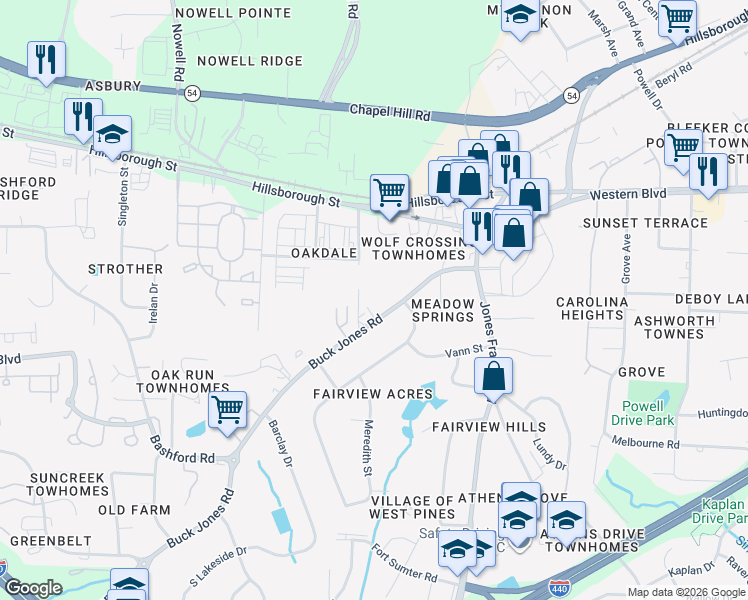 map of restaurants, bars, coffee shops, grocery stores, and more near 216 Buck Jones Road in Raleigh