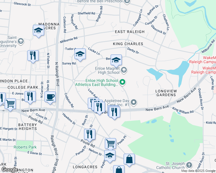 map of restaurants, bars, coffee shops, grocery stores, and more near 212 Lord Berkley Road in Raleigh