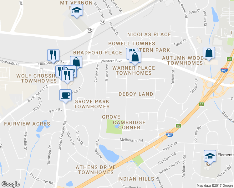 map of restaurants, bars, coffee shops, grocery stores, and more near 6307 Linville Drive in Raleigh