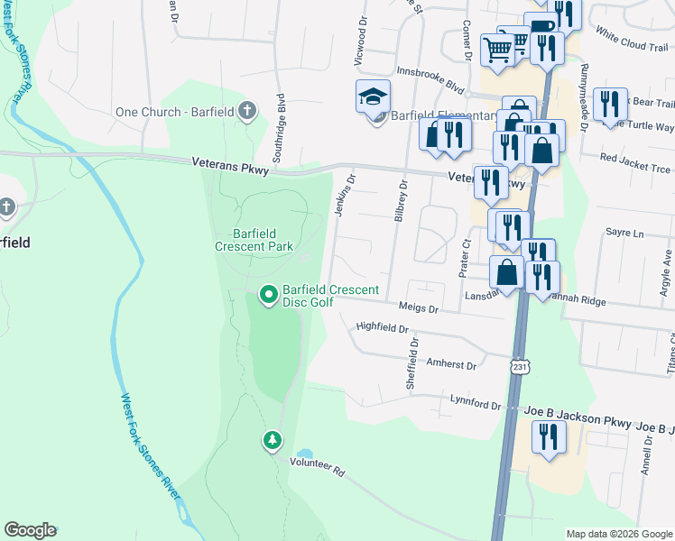 map of restaurants, bars, coffee shops, grocery stores, and more near 3174 Jenkins Drive in Murfreesboro
