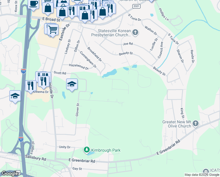 map of restaurants, bars, coffee shops, grocery stores, and more near 396 Lakeridge Drive in Statesville