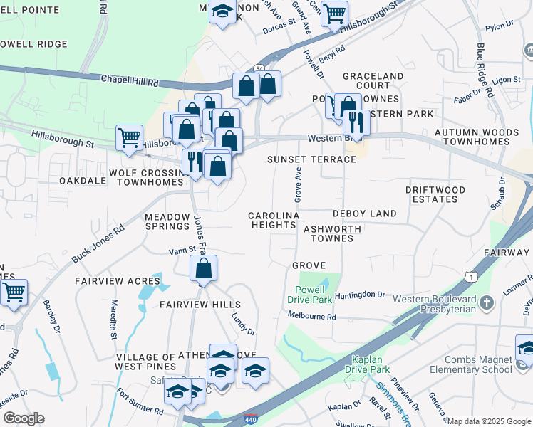 map of restaurants, bars, coffee shops, grocery stores, and more near 712 Carolina Avenue in Raleigh