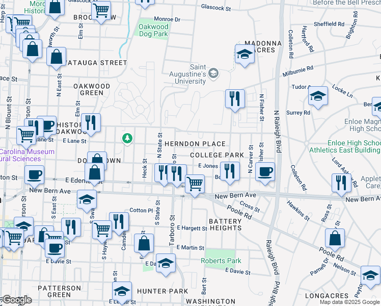 map of restaurants, bars, coffee shops, grocery stores, and more near 1114 Pender Street in Raleigh