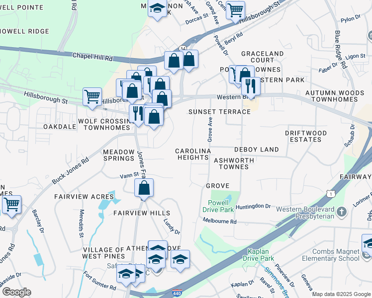 map of restaurants, bars, coffee shops, grocery stores, and more near 712 Carolina Avenue in Raleigh
