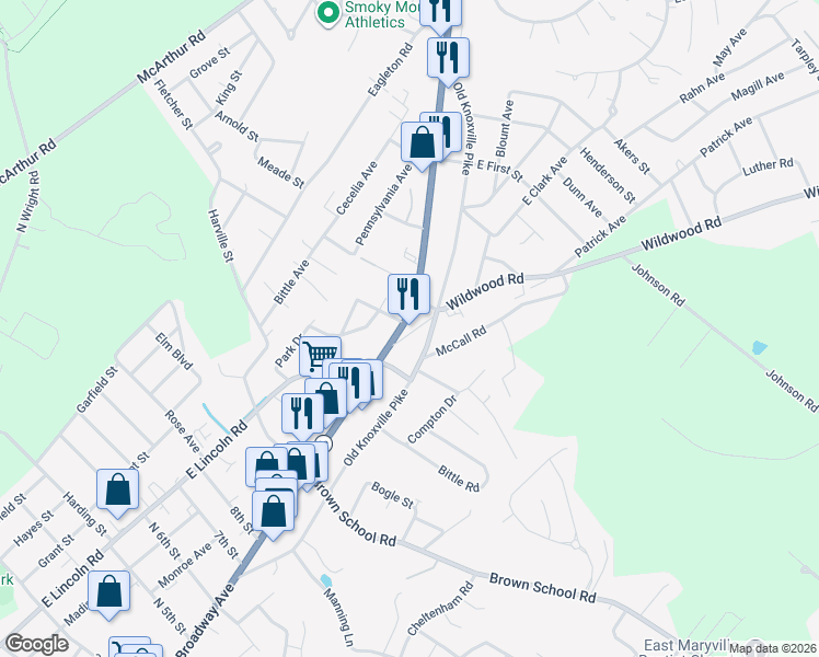 map of restaurants, bars, coffee shops, grocery stores, and more near 2200 East Broadway Avenue in Maryville