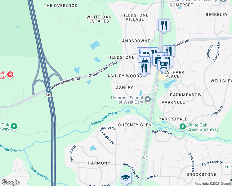 map of restaurants, bars, coffee shops, grocery stores, and more near 110 Carterwood Court in Cary