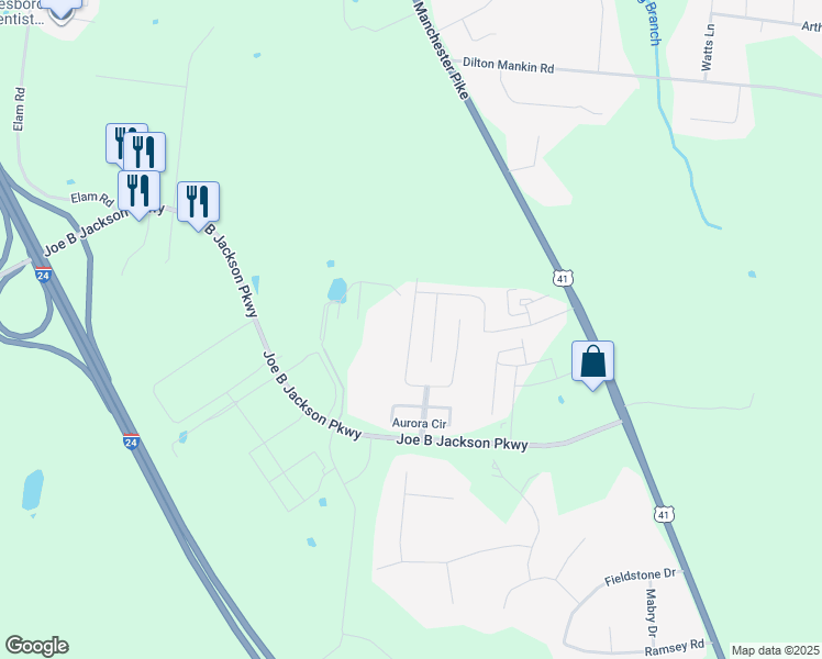 map of restaurants, bars, coffee shops, grocery stores, and more near Sunray Drive in Murfreesboro