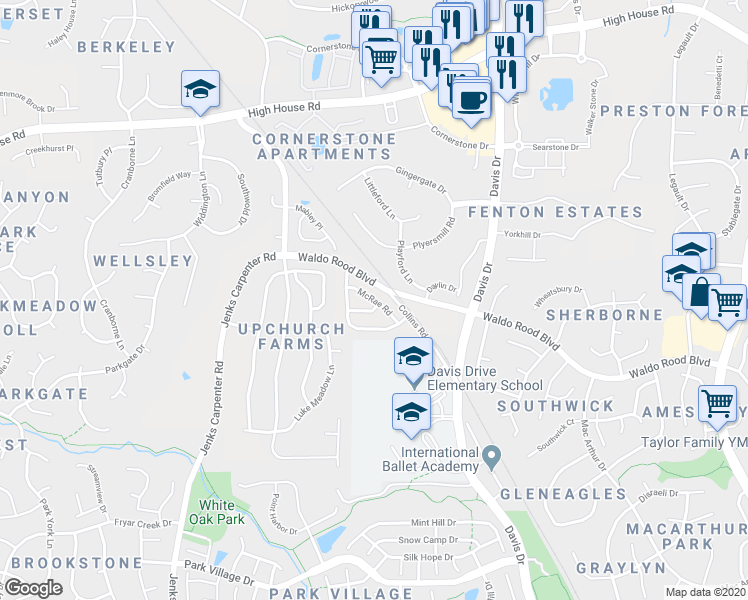 map of restaurants, bars, coffee shops, grocery stores, and more near 759 McRae Road in Cary