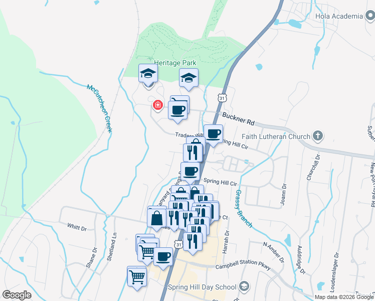 map of restaurants, bars, coffee shops, grocery stores, and more near 1006 Williford Court in Spring Hill