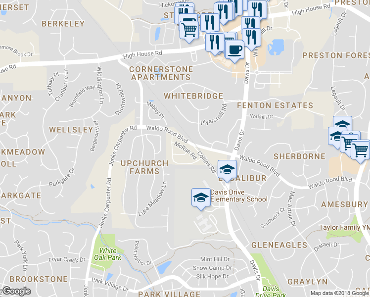 map of restaurants, bars, coffee shops, grocery stores, and more near 751 McRae Road in Cary
