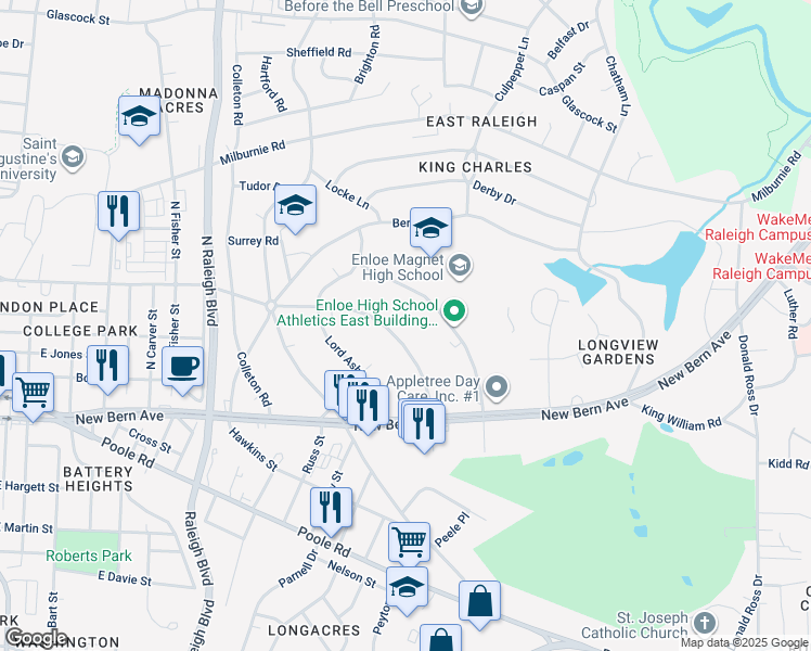 map of restaurants, bars, coffee shops, grocery stores, and more near 212 Lord Berkley Road in Raleigh